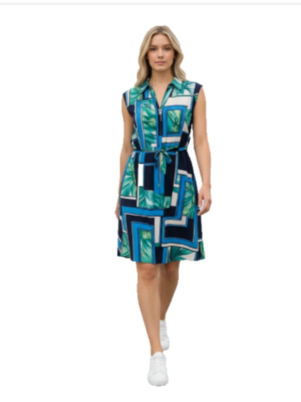NY&Co Womens L Geo Print Zip Front Sleeveless Dress Belted Career NWT